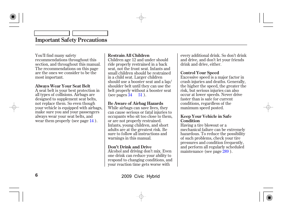 Important safety precautions | HONDA 2009 Civic Hybrid User Manual | Page 9 / 384