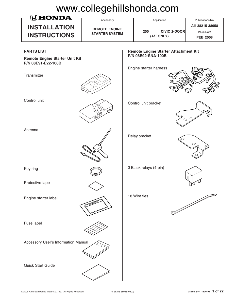 HONDA 08E91-E22-100B User Manual | 22 pages