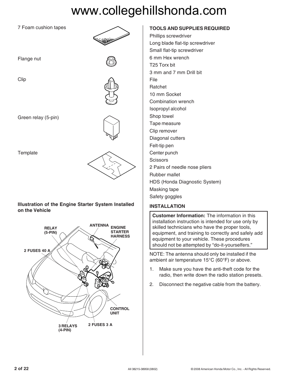 HONDA 08E91-E22-100B User Manual | Page 2 / 22