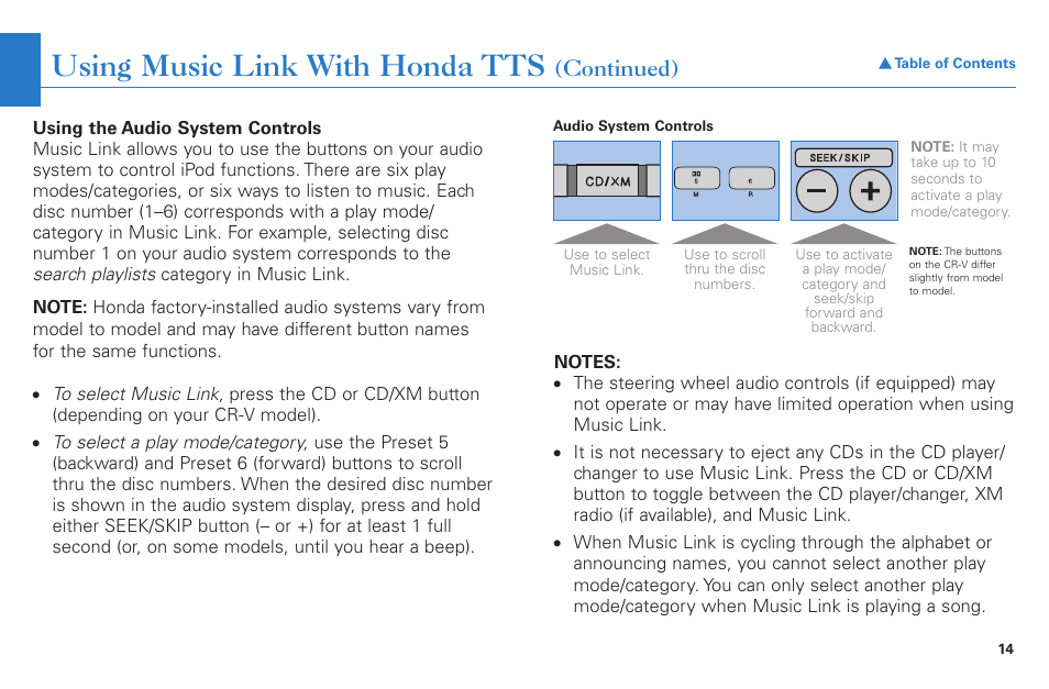 Using music link with honda tts, Continued) | HONDA Music Link CR-V : EX User Manual | Page 14 / 21