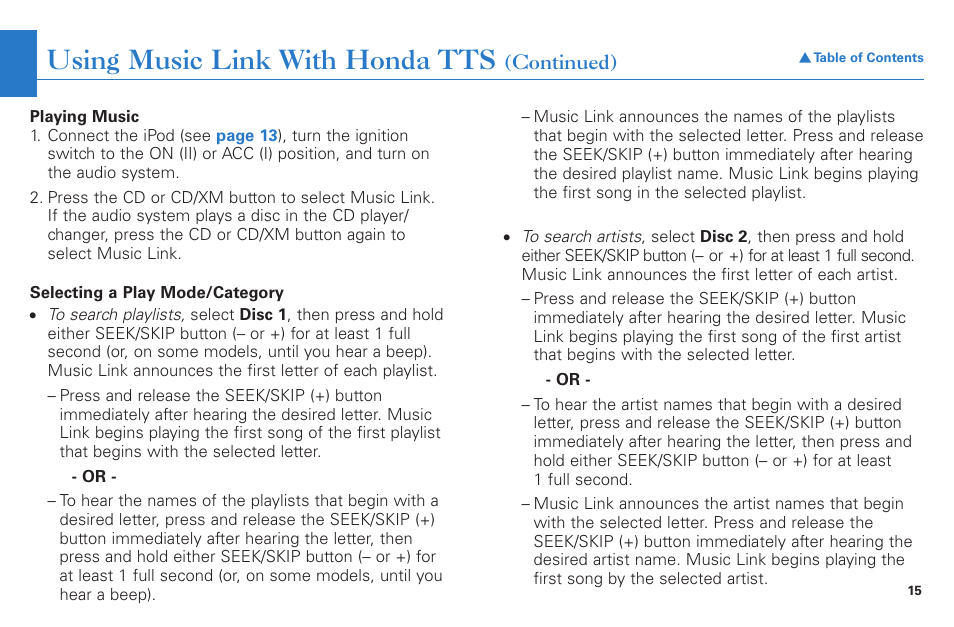 Using music link with honda tts | HONDA Music Link CR-V : EX User Manual | Page 15 / 21