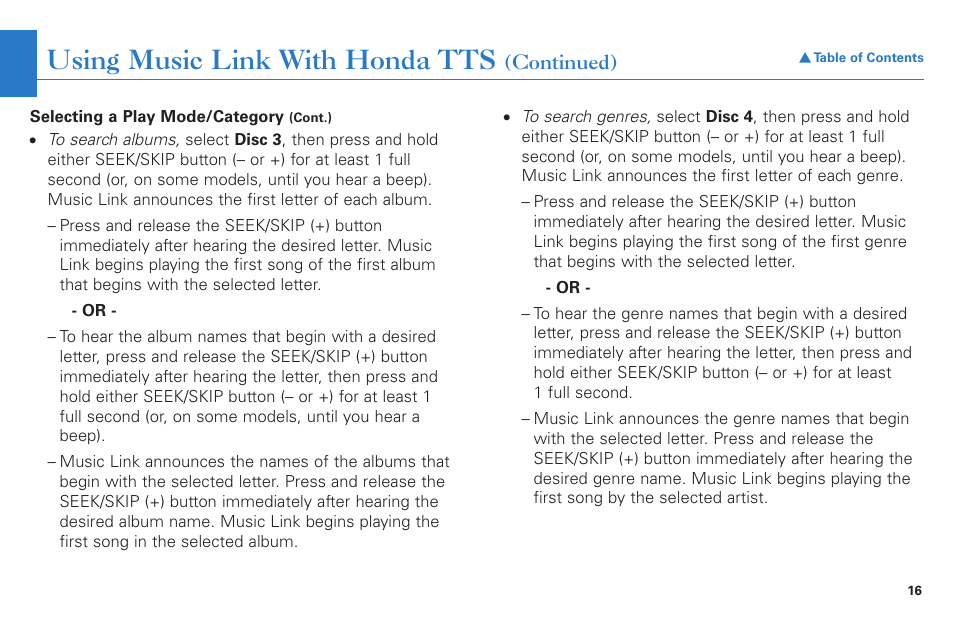 Using music link with honda tts | HONDA Music Link CR-V : EX User Manual | Page 16 / 21