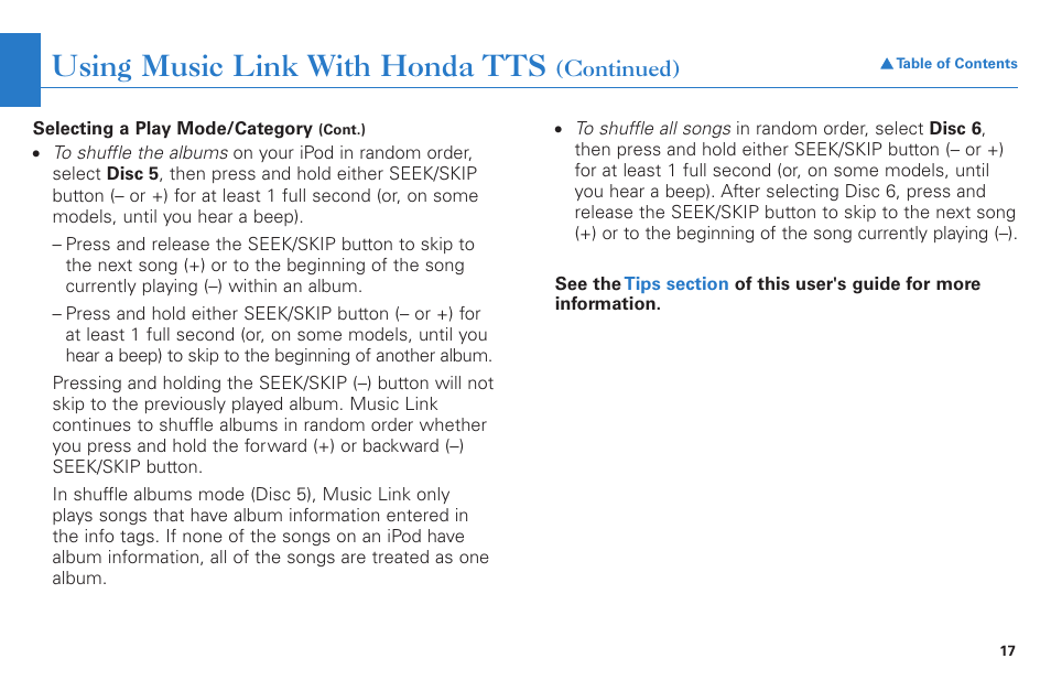 Using music link with honda tts | HONDA Music Link CR-V : EX User Manual | Page 17 / 21