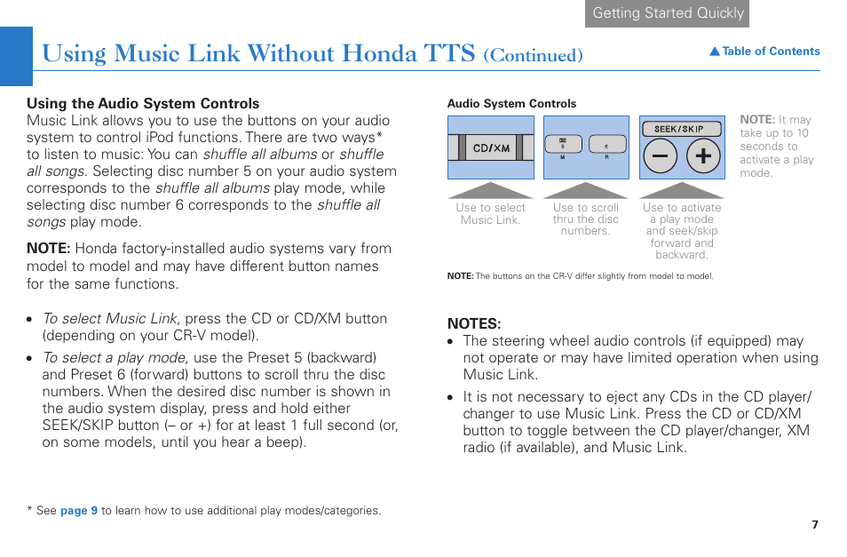 Using music link without honda tts, Continued) | HONDA Music Link CR-V : EX User Manual | Page 7 / 21
