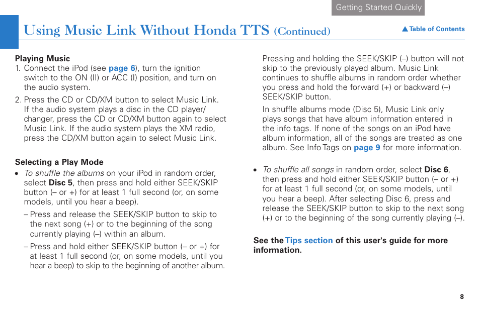 Using music link without honda tts | HONDA Music Link CR-V : EX User Manual | Page 8 / 21