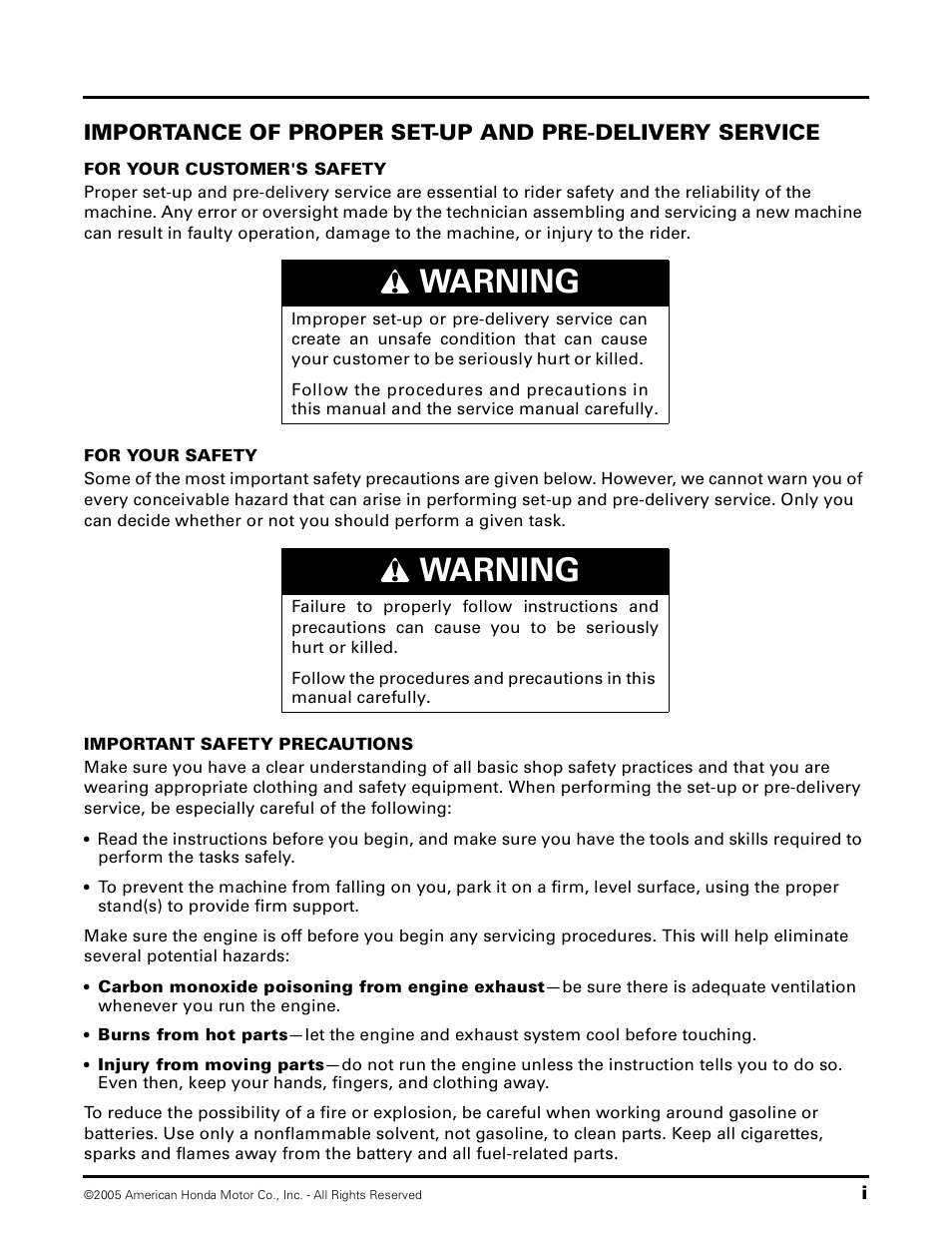 Warning | HONDA 2005 CB900F User Manual | Page 2 / 18