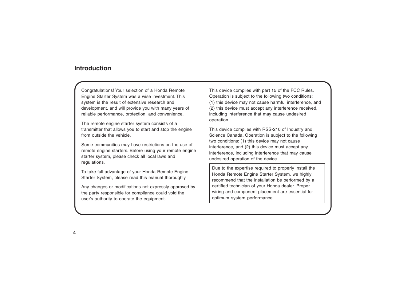 Introduction | HONDA Accord: Remote Engine Starter System User Manual | Page 4 / 31