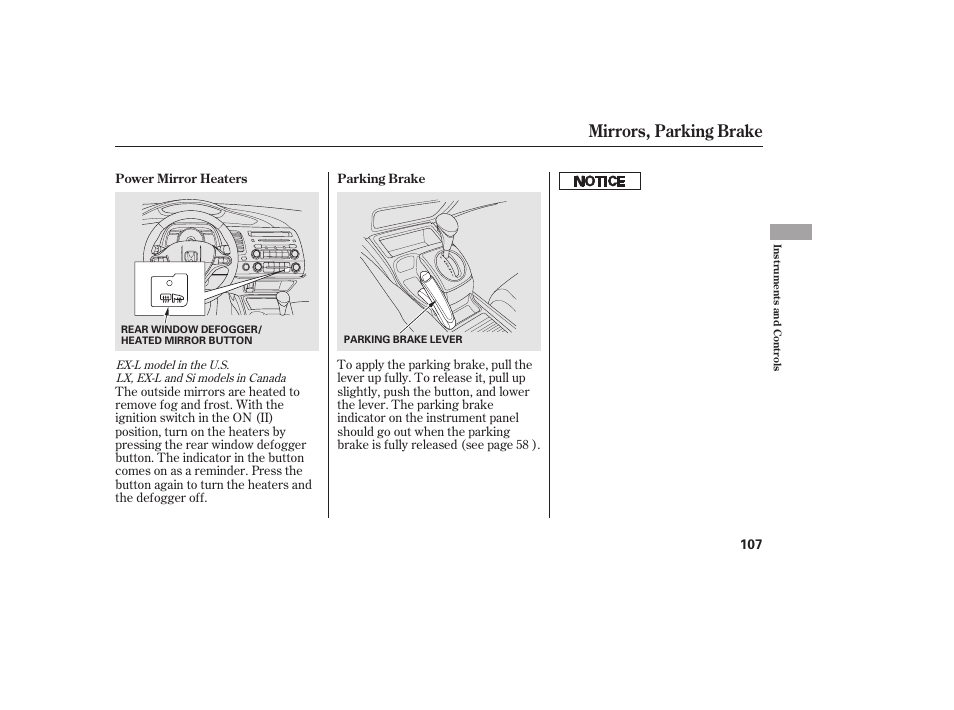 Mirrors, parking brake | HONDA 2010 Civic Coupe User Manual | Page 113 / 402