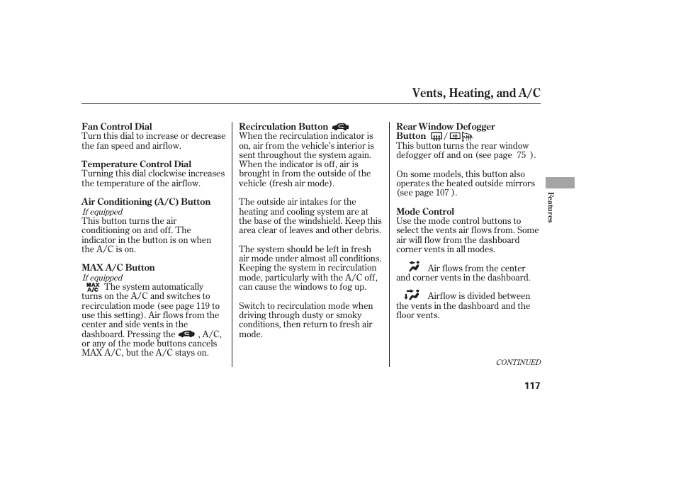 Vents, heating, and a/c | HONDA 2010 Civic Coupe User Manual | Page 123 / 402