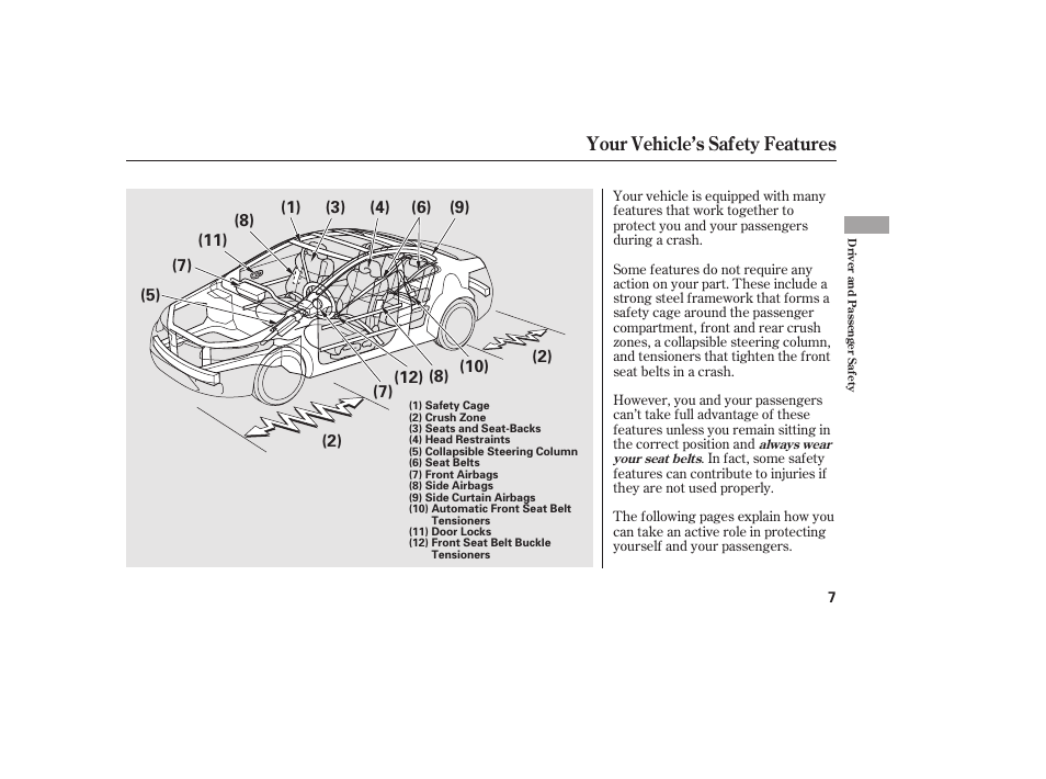 Your vehicle’s safety features | HONDA 2010 Civic Coupe User Manual | Page 13 / 402