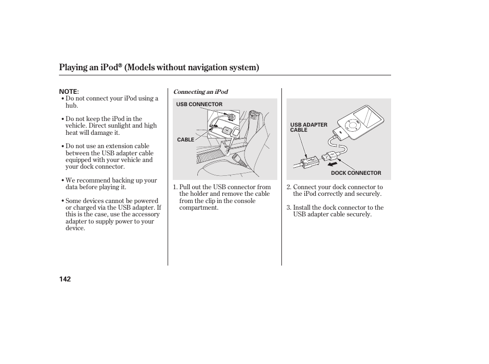 Playing an ipod (models without navigation system) | HONDA 2010 Civic Coupe User Manual | Page 148 / 402