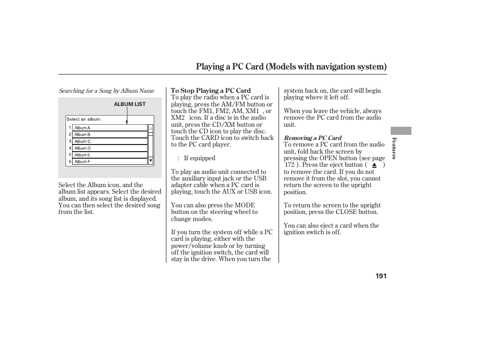 Playing a pc card (models with navigation system) | HONDA 2010 Civic Coupe User Manual | Page 197 / 402