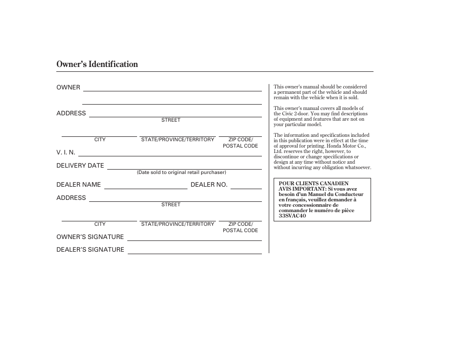 Owner’s identification | HONDA 2010 Civic Coupe User Manual | Page 2 / 402
