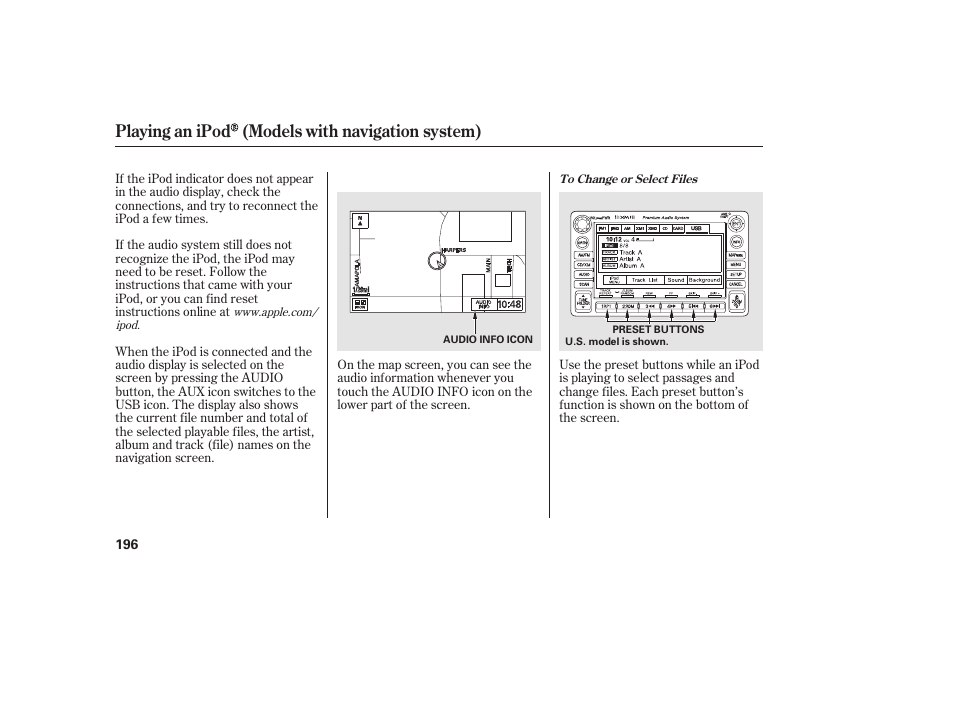 Playing an ipod (models with navigation system) | HONDA 2010 Civic Coupe User Manual | Page 202 / 402