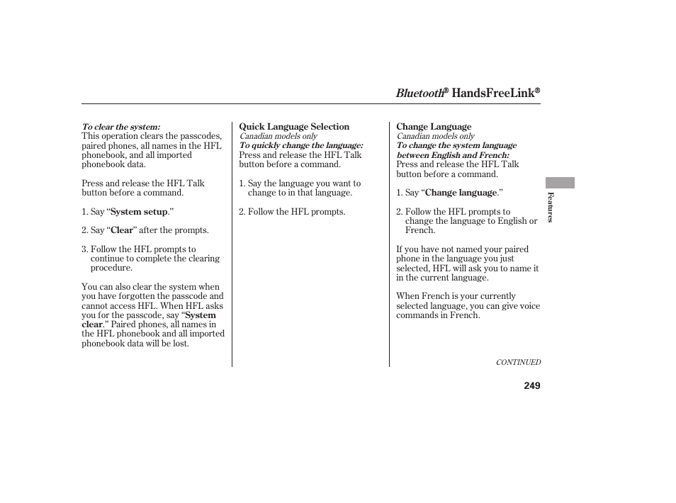 Handsfreelink, Bluetooth | HONDA 2010 Civic Coupe User Manual | Page 255 / 402