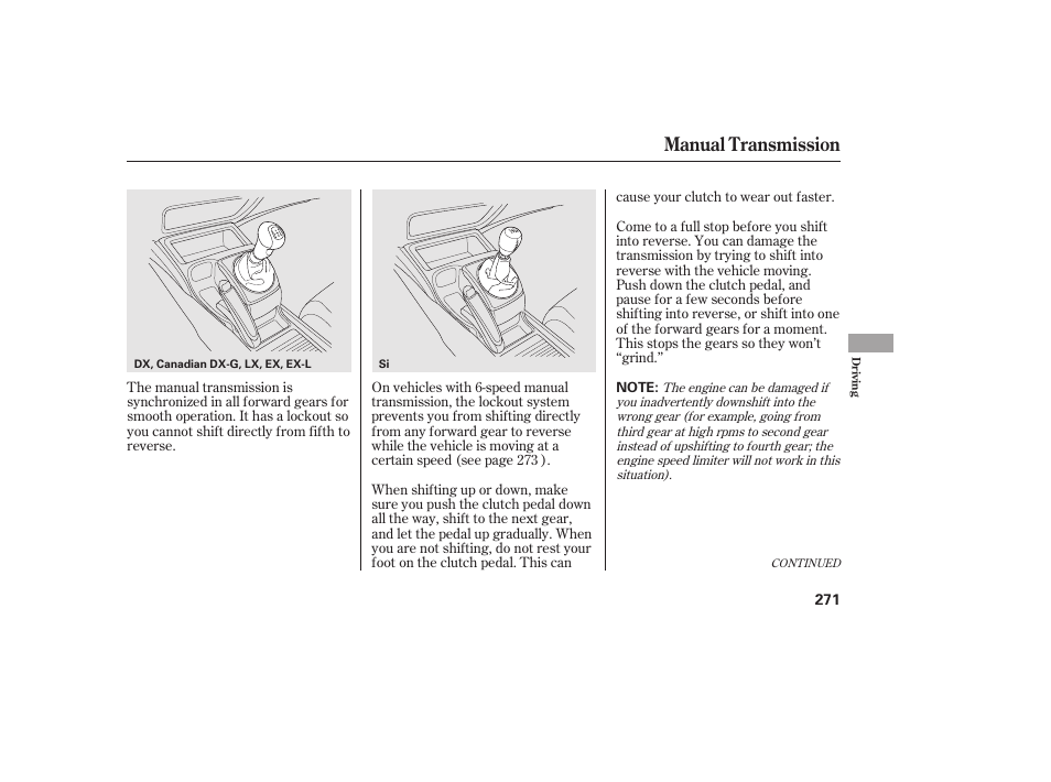 Manual transmission | HONDA 2010 Civic Coupe User Manual | Page 277 / 402