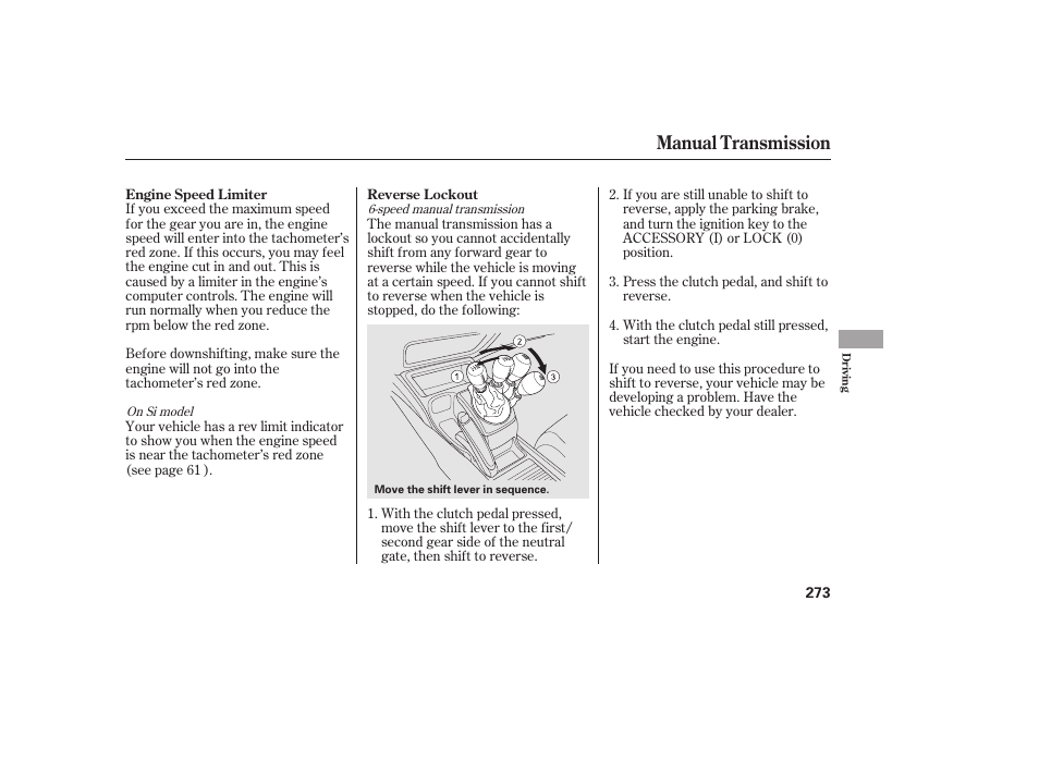 Manual transmission | HONDA 2010 Civic Coupe User Manual | Page 279 / 402