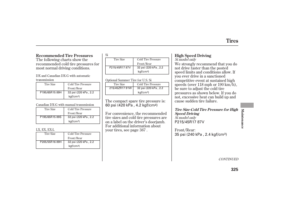 Tires | HONDA 2010 Civic Coupe User Manual | Page 331 / 402