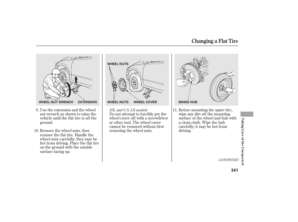 Changing a flat tire | HONDA 2010 Civic Coupe User Manual | Page 347 / 402