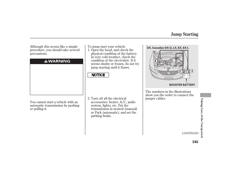 Jump starting | HONDA 2010 Civic Coupe User Manual | Page 351 / 402