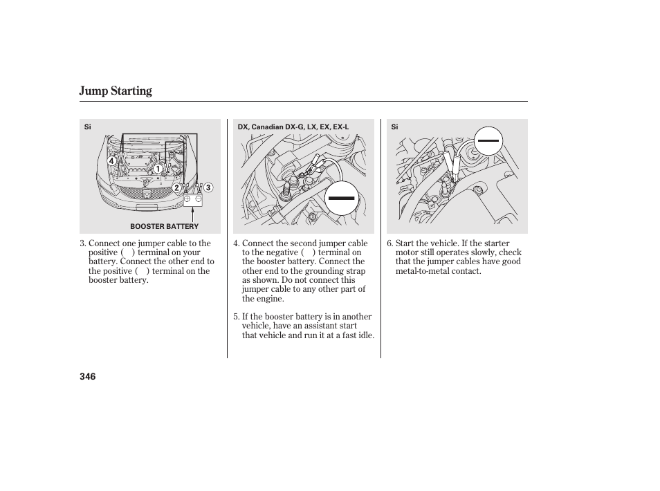 Jump starting | HONDA 2010 Civic Coupe User Manual | Page 352 / 402