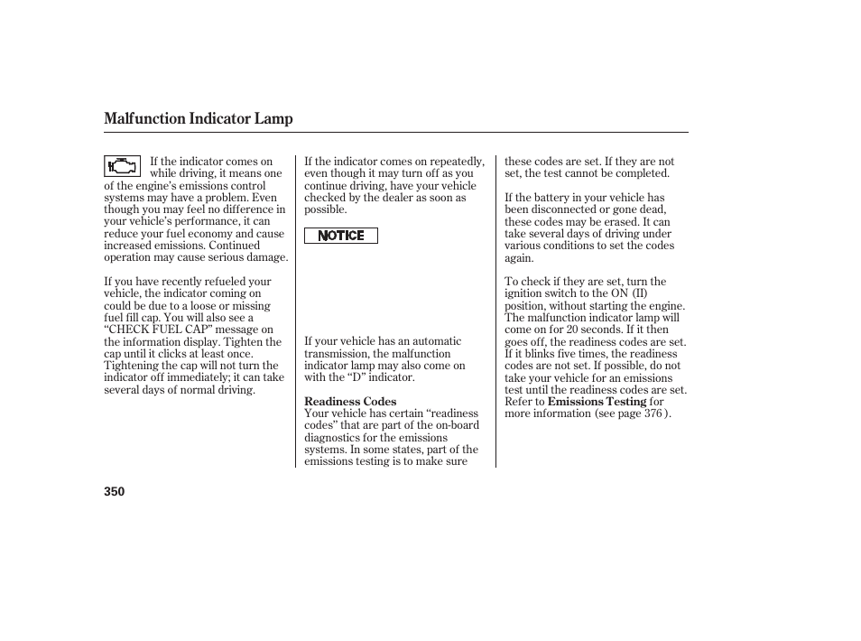 Malfunction indicator lamp | HONDA 2010 Civic Coupe User Manual | Page 356 / 402