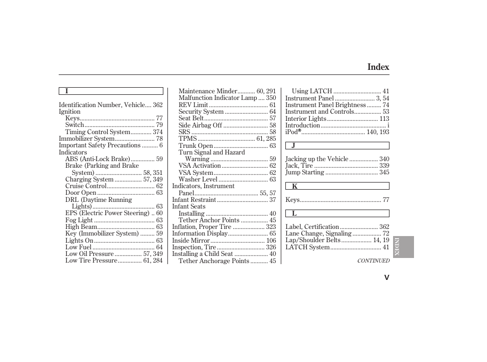 Index | HONDA 2010 Civic Coupe User Manual | Page 395 / 402