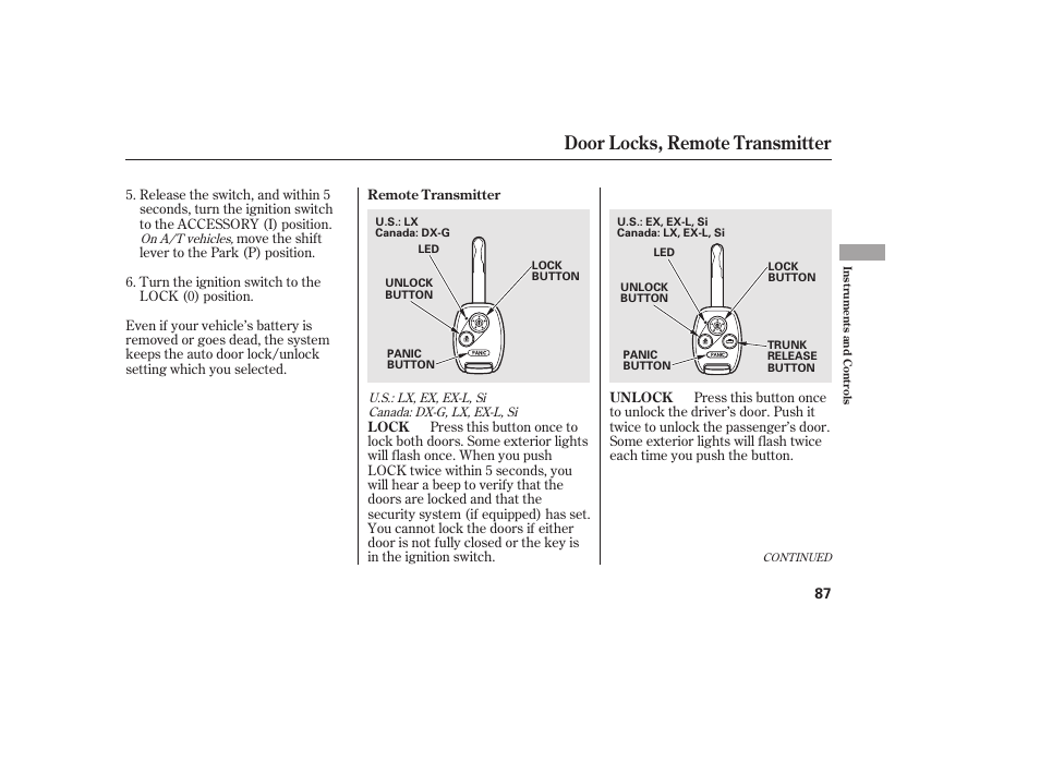 Door locks, remote transmitter | HONDA 2010 Civic Coupe User Manual | Page 93 / 402