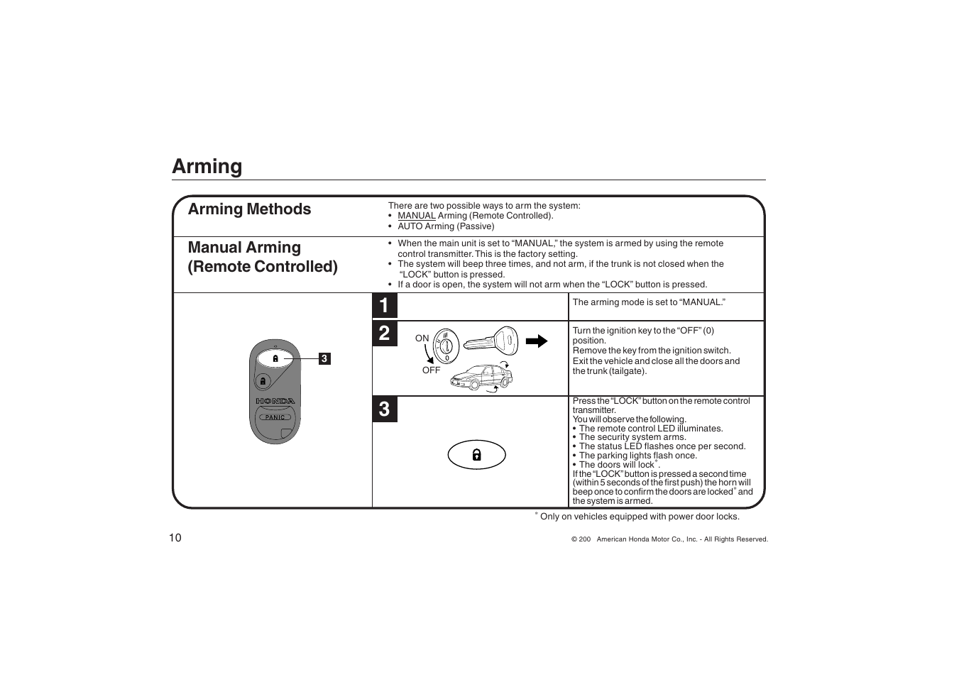 Arming, Arming methods, Manual arming (remote controlled) | HONDA Civic 2/4 Door 2001-2005 User Manual | Page 10 / 24