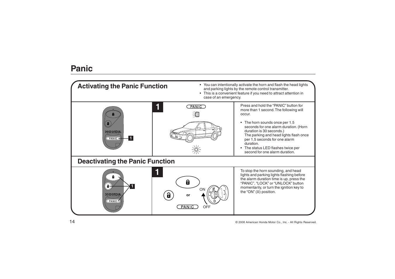 Panic, Activating the panic function, Deactivating the panic function | HONDA Civic 2/4 Door 2001-2005 User Manual | Page 14 / 24
