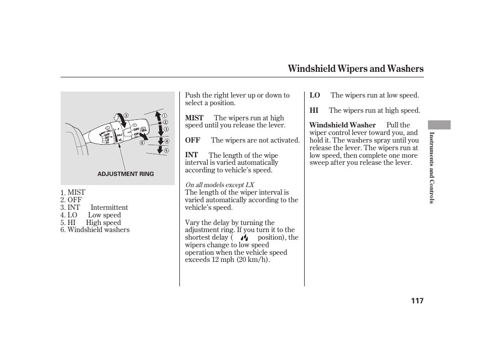 Windshield wipers and washers | HONDA 2010 Insight User Manual | Page 123 / 454