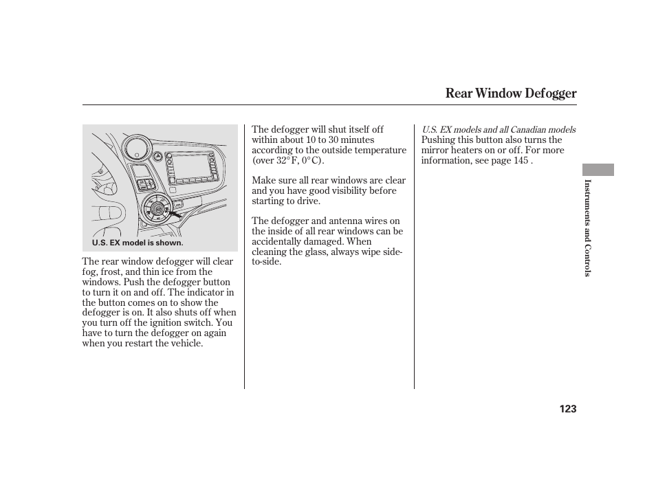Rear window defogger | HONDA 2010 Insight User Manual | Page 129 / 454