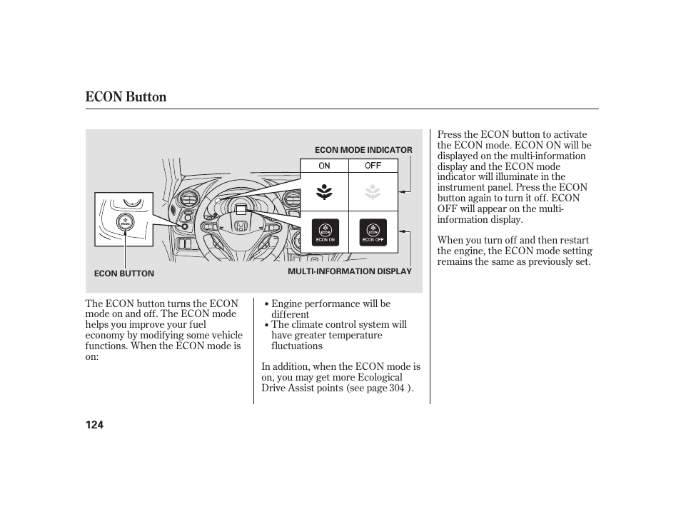 Econ button | HONDA 2010 Insight User Manual | Page 130 / 454