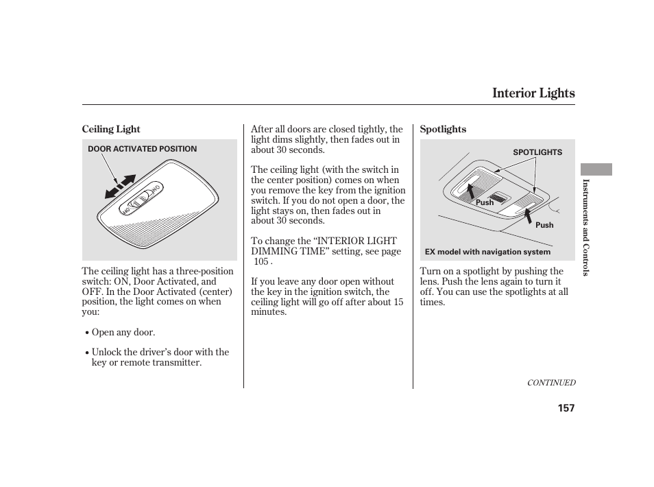 Interior lights | HONDA 2010 Insight User Manual | Page 163 / 454