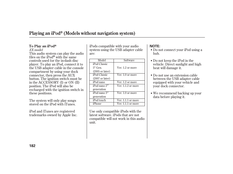 Playing an ipod (models without navigation system) | HONDA 2010 Insight User Manual | Page 188 / 454