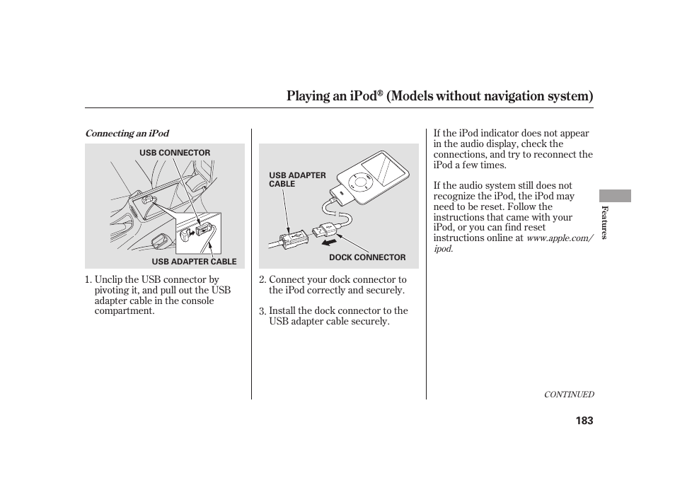 Playing an ipod (models without navigation system) | HONDA 2010 Insight User Manual | Page 189 / 454