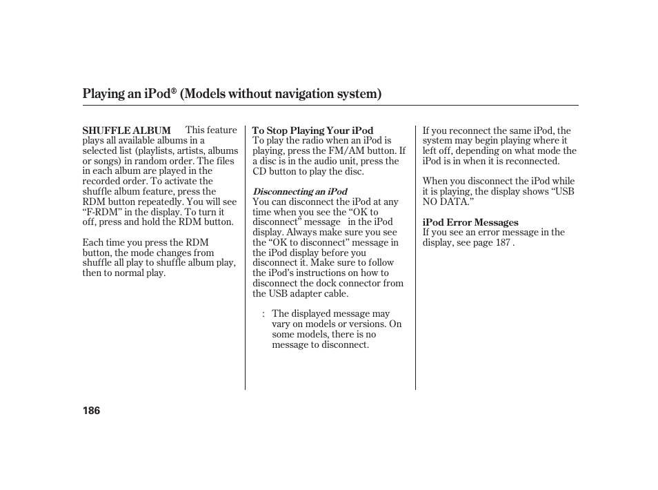 Playing an ipod (models without navigation system) | HONDA 2010 Insight User Manual | Page 192 / 454
