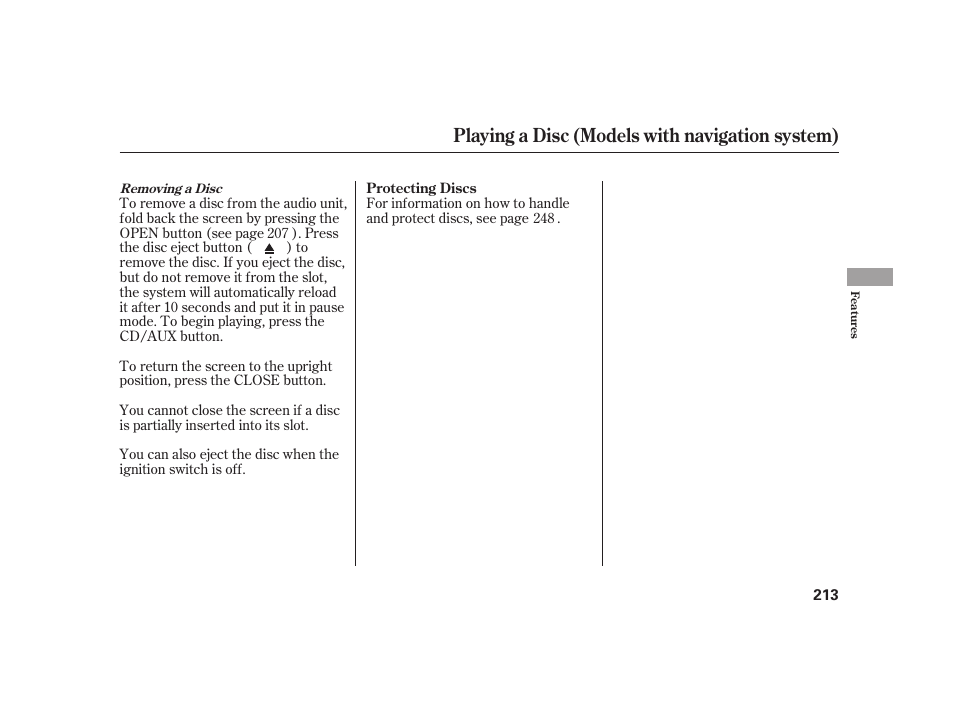 Playing a disc (models with navigation system) | HONDA 2010 Insight User Manual | Page 219 / 454