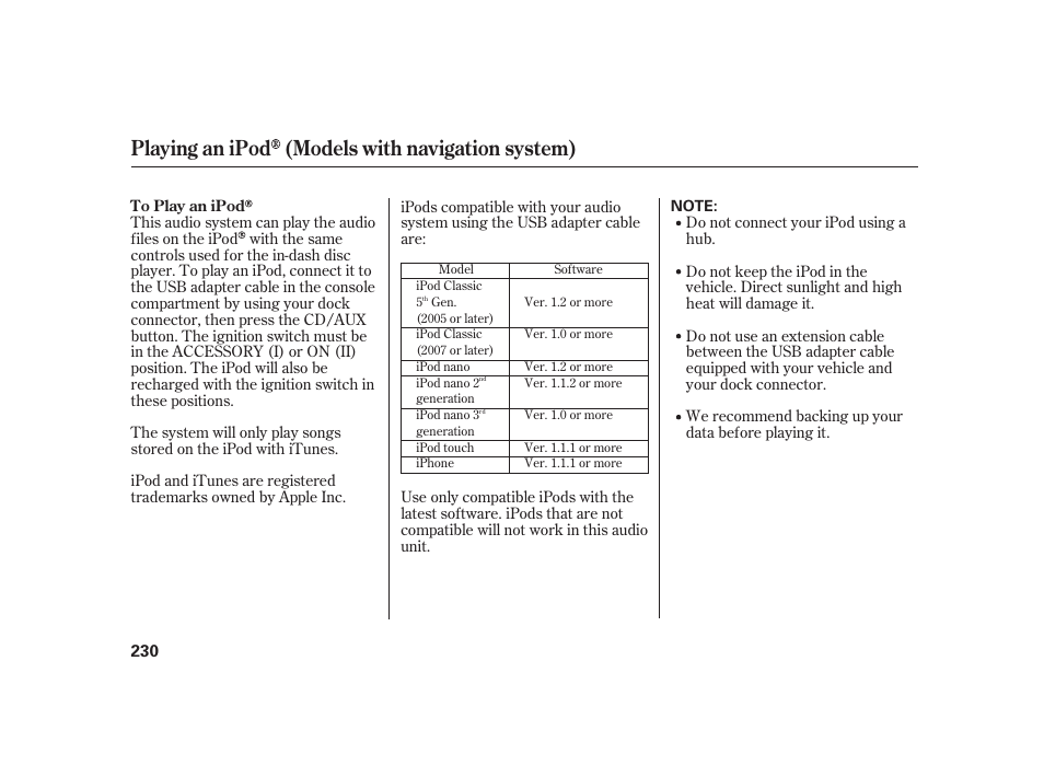 Playing an ipod (models with navigation system) | HONDA 2010 Insight User Manual | Page 236 / 454