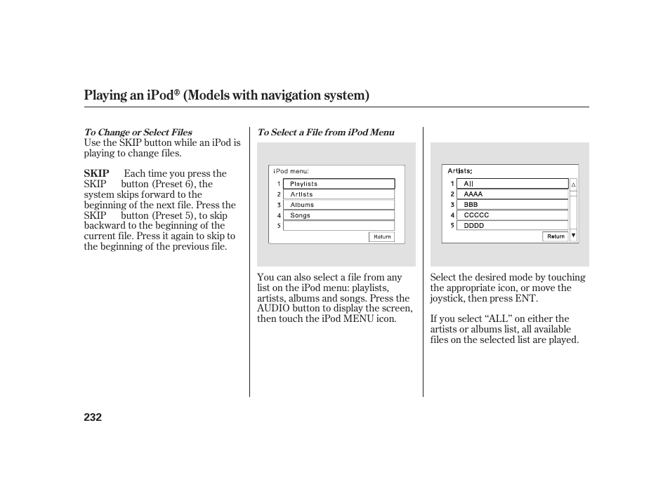 Playing an ipod (models with navigation system) | HONDA 2010 Insight User Manual | Page 238 / 454