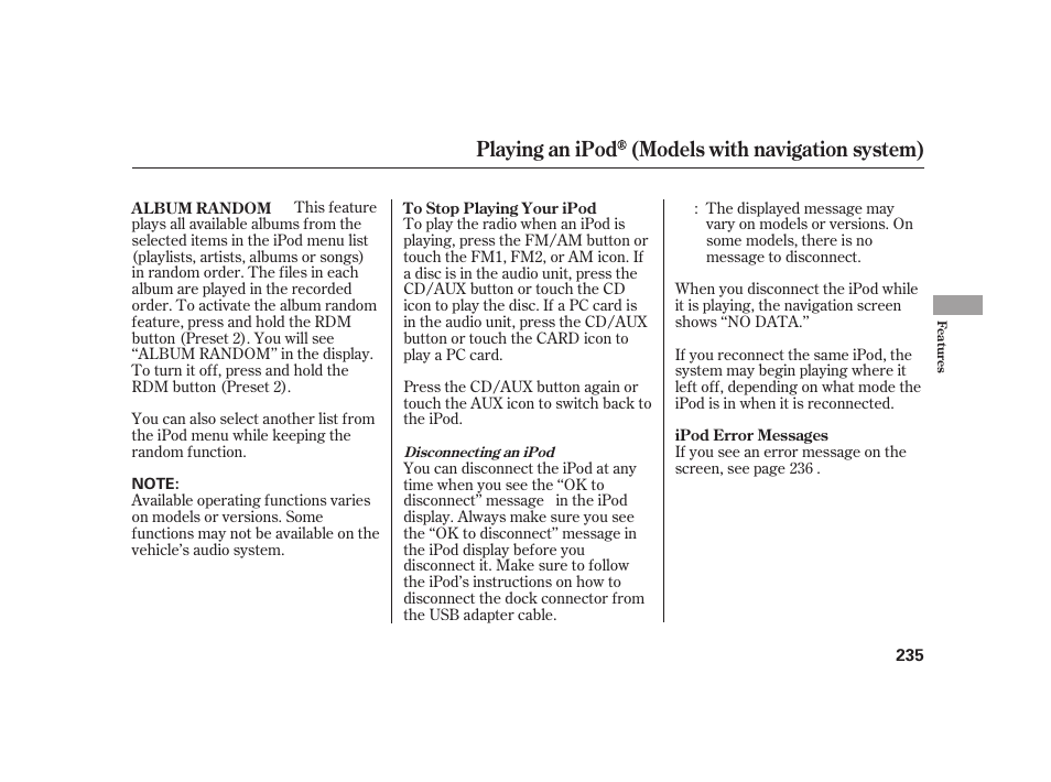 Playing an ipod (models with navigation system) | HONDA 2010 Insight User Manual | Page 241 / 454