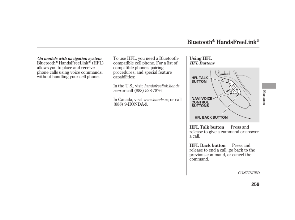 Bluetooth handsfreelink | HONDA 2010 Insight User Manual | Page 265 / 454