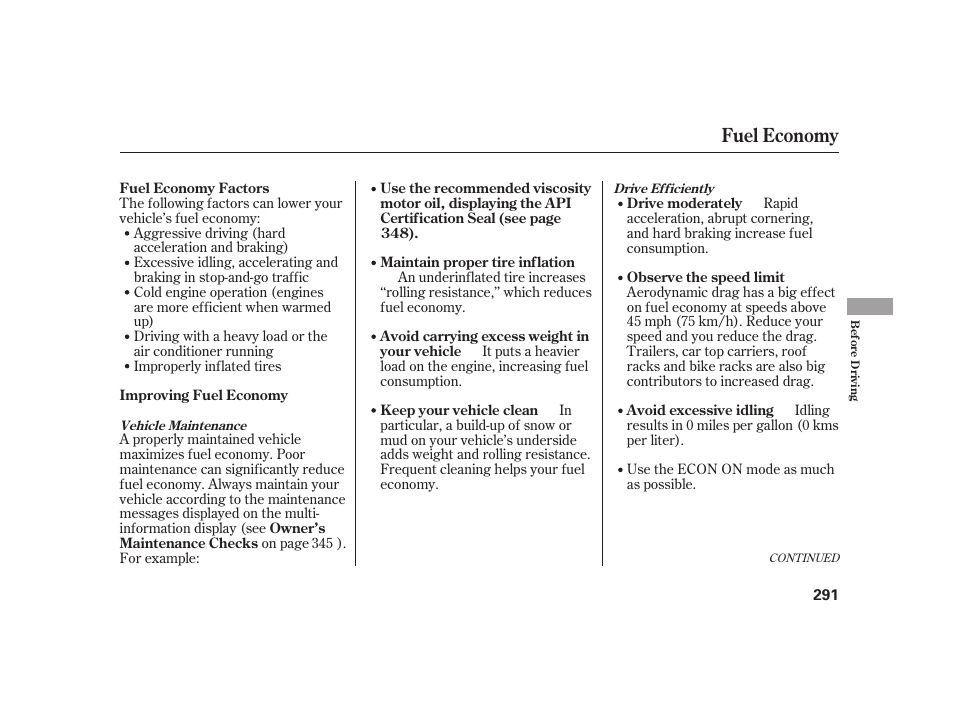 Fuel economy | HONDA 2010 Insight User Manual | Page 297 / 454