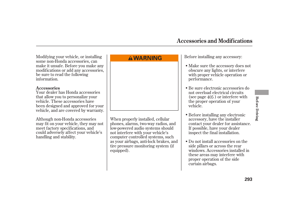 Accessories and modifications | HONDA 2010 Insight User Manual | Page 299 / 454