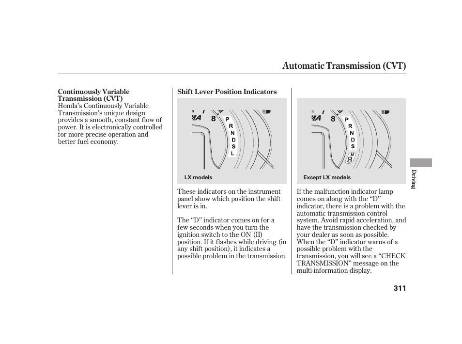 Automatic transmission (cvt) | HONDA 2010 Insight User Manual | Page 317 / 454