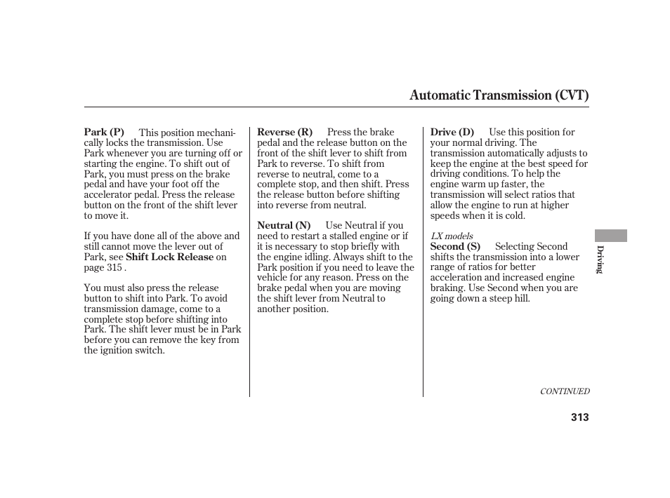 Automatic transmission (cvt) | HONDA 2010 Insight User Manual | Page 319 / 454