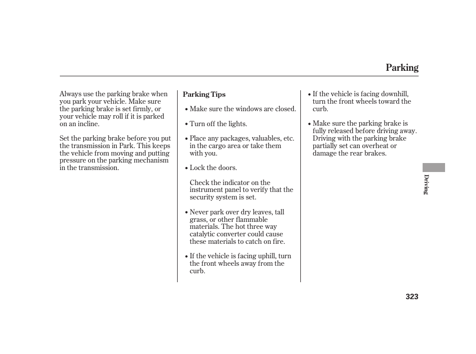 Parking | HONDA 2010 Insight User Manual | Page 329 / 454