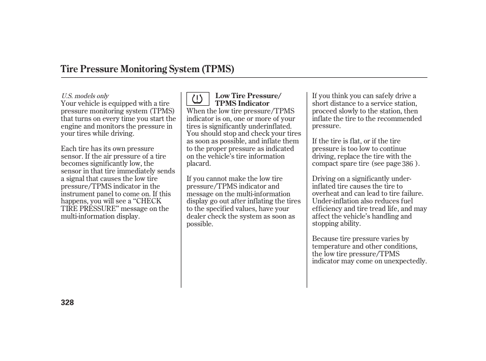 Tire pressure monitoring system (tpms) | HONDA 2010 Insight User Manual | Page 334 / 454