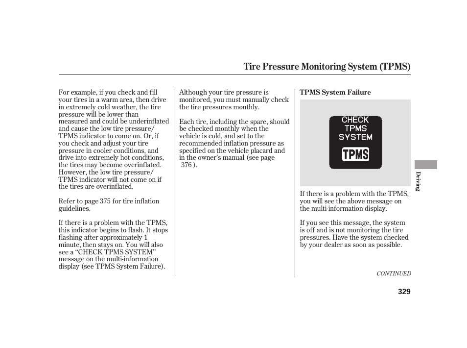 Tire pressure monitoring system (tpms) | HONDA 2010 Insight User Manual | Page 335 / 454