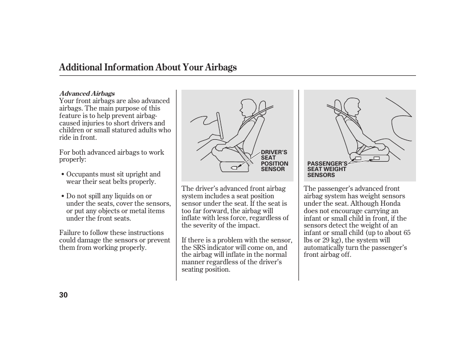 Additional information about your airbags | HONDA 2010 Insight User Manual | Page 36 / 454